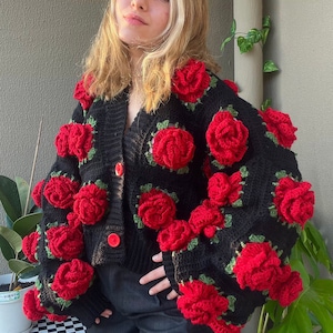 Crochet Jumbo Rose Cardigan, Black Granny Square Cardigan, Crochet Rose Chunky Cardigan, Red Rose Cardigan, Winter Cardigan image 4