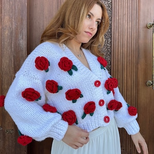 Crochet Jumbo Rose Cardigan, White Granny Square Cardigan, Crochet Rose Chunky Cardigan, Red Rose Cardigan, Winter Cardigan