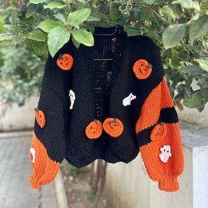 Pumpkin Halloween Knit Cardigan,Handmade Ghost Cardigan, Handknitted Halloween Sweater, Gift Ideas for Halloween, Halloween Chunky Cardigan