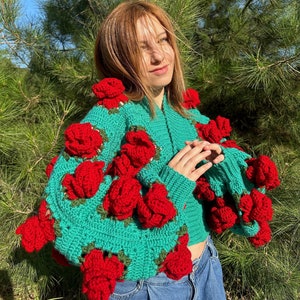 Crochet Jumbo Rose Cardigan, Granny Square Cardigan, Crochet Rose Chunky Cardigan, Red Rose Cardigan, Winter Cardigan, Oversized Cardigan