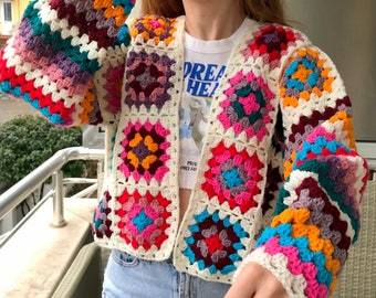 White Granny Square Colorful Crocheted Cardigan, Crochet Cardigan, Cotton Knit Coat,  Crochet Afghan Coat, Crochet  Bohemian Cardigan