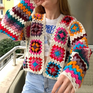 White Granny Square Colorful Crocheted Cardigan, Crochet Cardigan, Cotton Knit Coat,  Crochet Afghan Coat, Crochet  Bohemian Cardigan