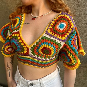 Crochet Granny Square Summer Top, Handmade Granny Square Top, Handmade Multicolored Top, Granny Square Blouse, Handmade Vintage Style Blouse