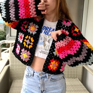 Black Granny Square Colorful Crocheted Cardigan, Crochet Granny Square Cardigan for Women, Cotton Knit Coat,  Crochet Afghan Coat