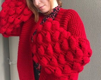 Red Bubble Sleeve Cardigan, Oversized Knit Cardigan, Chunky Knit Sweater, Bubble Sleeve Sweater, Knitted Red Cardigan for Women