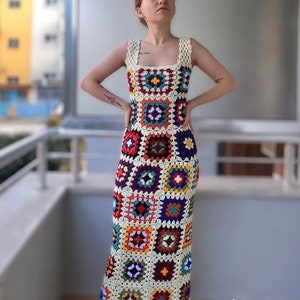 Crochet Granny Square Dress for Women, Handmade Granny Square Dress, Crochet Midi Dress,  Hippie Dress, Summer Dress, Colorful Dress