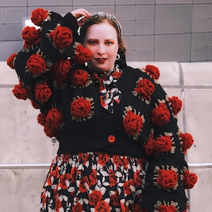 Crochet Jumbo Rose Cardigan, Black Granny Square Cardigan, Crochet Rose Chunky Cardigan, Red Rose Cardigan, Handmade Unique Gift for Her