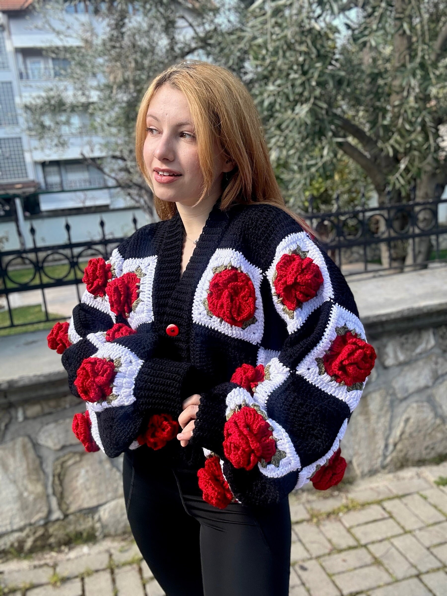Crochet Jumbo Rose Cardigan, Black Granny Square Cardigan