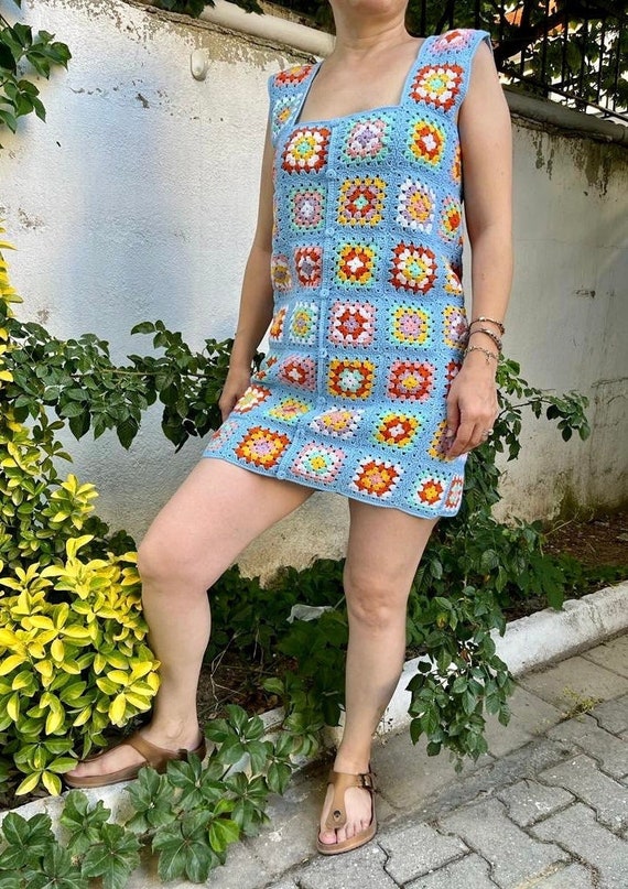 Granny Square Hand-knitted Women Sexy Dress, Crochet Granny Square Dress  for Women, Crochet Granny Square Mini Dress, Handmade Summer Dress 