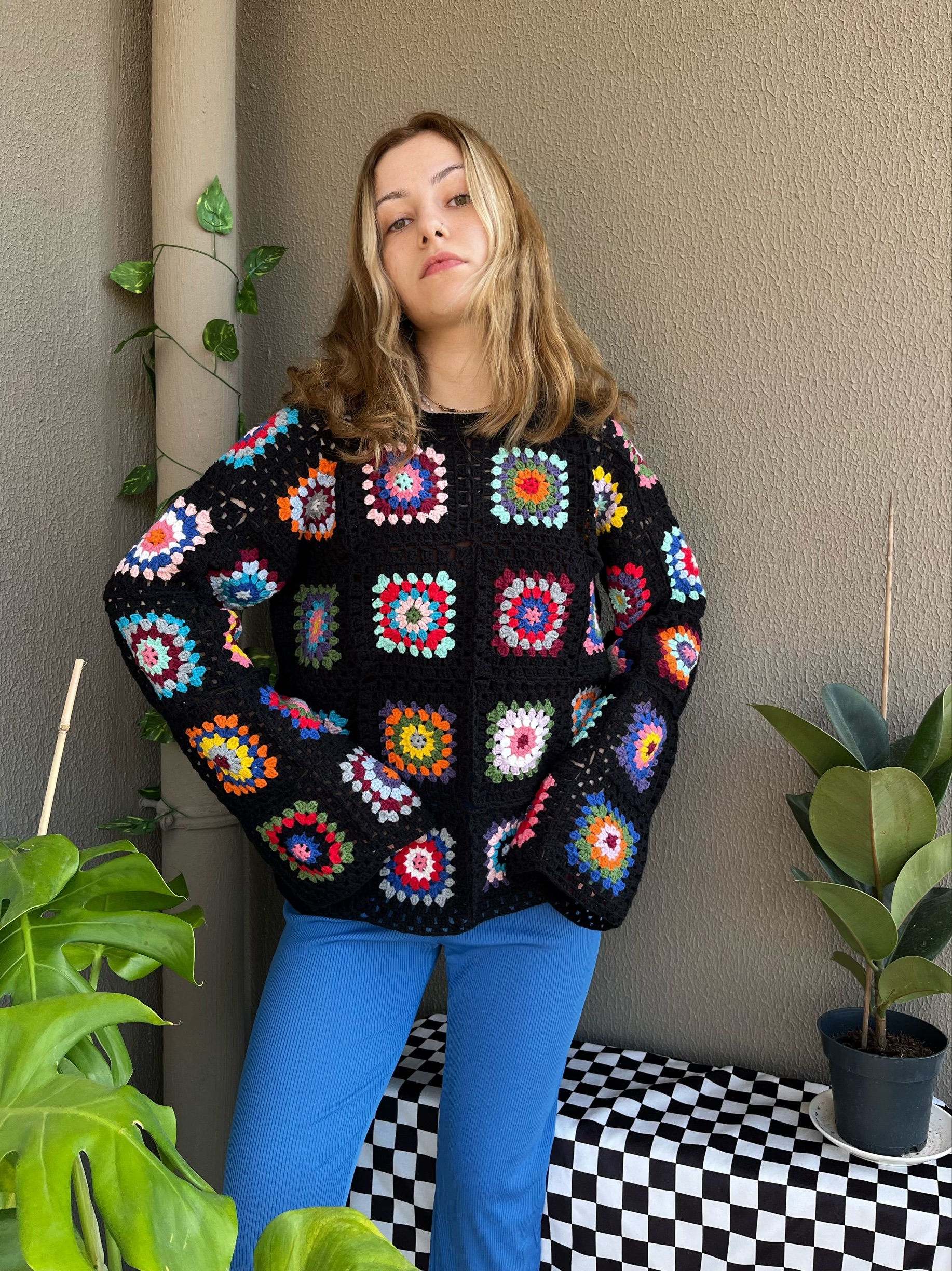 Black Granny Square Sweater Handmade Granny Square Pullover - Etsy