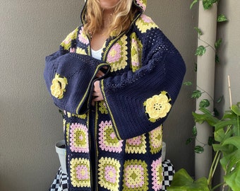 Crochet Granny Square Maxi Cardigan, Crochet Oversize Cardigan, Crochet Afghan Coat, Handmade Big Sleeves Cardigan, Crochet Long Cardigan