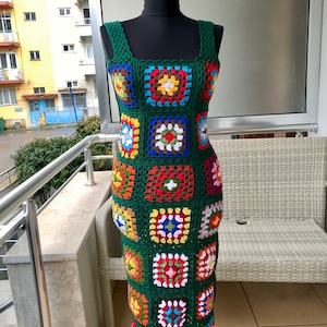 Crochet Granny Square Dress for Women, Handmade Granny Square Dress, Crochet Midi Dress,  Hippie Dress, Summer Dress, Colorful Dress