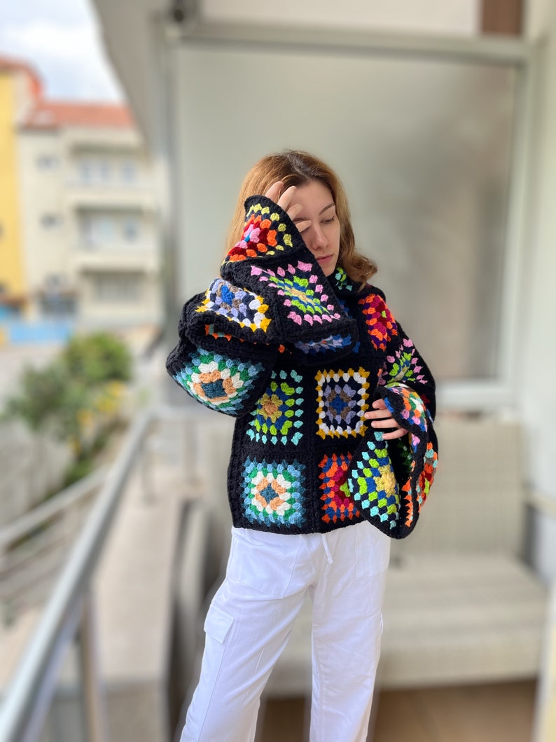 Crochet Turtleneck Sweater, Granny Square Sweater, Handmade Patchwork Sweater, Crochet Winter Sweater for Women, Oversize Sweater image 5