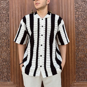 Crochet Black and White Shirt, Handmade Shirt, Unisex Shirt, Crochet Overshirt, Handmade Summer Shirt for Men, Crochet Shirt for Men,