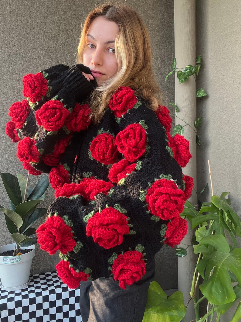 Crochet Jumbo Rose Cardigan, Black Granny Square Cardigan, Crochet Rose Chunky Cardigan, Red Rose Cardigan, Winter Cardigan image 10