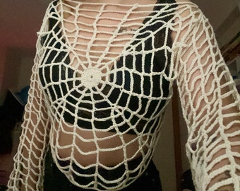 Halloween Spiderweb Crop Top, Crochet Spider Blouse, Spider Web Knitted Crop Top, Grunge Fairycore Mesh Top, Christmas Spiderweb Top