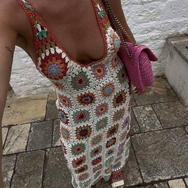 Crochet Granny Square Dress for Women, Handmade Granny Square Dress, Crochet Maxi Dress,  Hippie Dress, Motif Dress, Handmade Long Dress