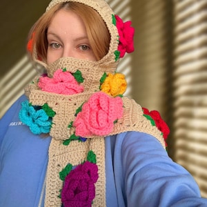 Crochet Balaclava Scarf, Alisdaknit Style Balaclava Scarf, Rose Balaclava, Handmade Floral Scarf, Winter Balaclava, Daisy Balaclava Scarf image 1