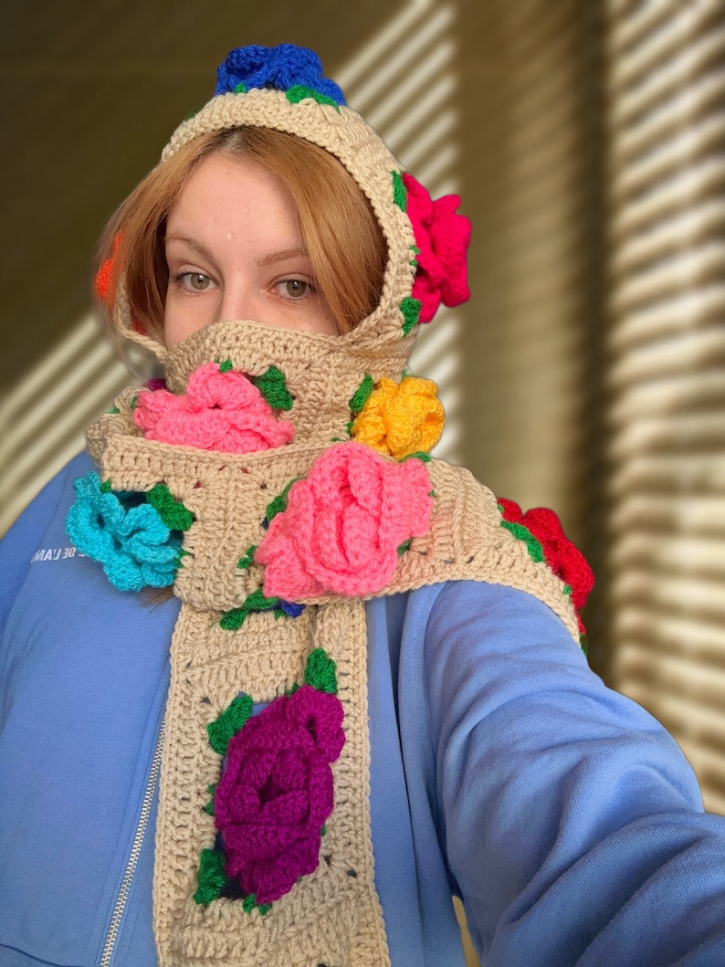 Crochet Balaclava Scarf, Alisdaknit Style Balaclava Scarf, Rose Balaclava, Handmade Floral Scarf, Winter Balaclava, Daisy Balaclava Scarf image 1