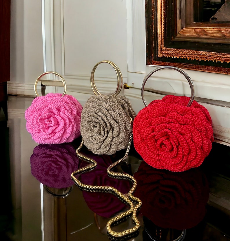 Rose Flower Bag,Crochet Rose Purse,Handmade Trendy Tote Bag, Ruffled Chic Bag, Flower Rose Bag, Colourful Woman Bag, 3D Rose Flower Bag zdjęcie 5