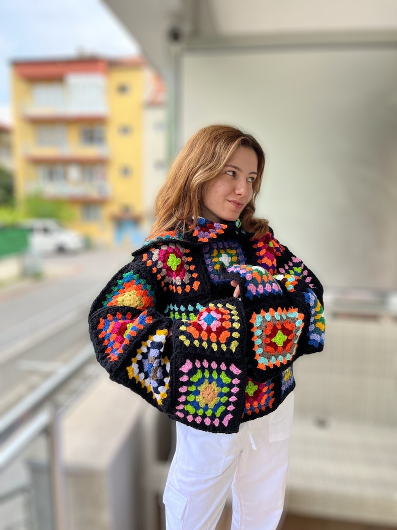 Crochet Turtleneck Sweater, Granny Square Sweater, Handmade Patchwork Sweater, Crochet Winter Sweater for Women, Oversize Sweater image 1