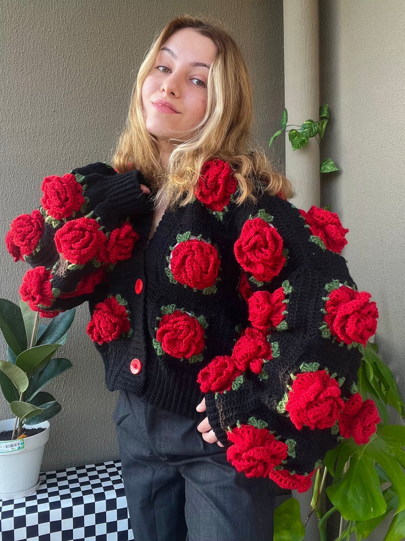 Crochet Jumbo Rose Cardigan, Black Granny Square Cardigan, Crochet Rose Chunky Cardigan, Red Rose Cardigan, Winter Cardigan image 7