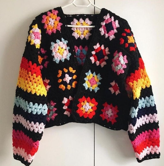 Black Granny Square Colorful Crocheted Cardigan Crochet | Etsy