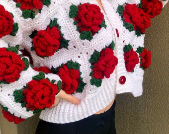 Rose flower motif cardigan 【white】 Women's 3D Flowers Embroidered Sweater V-Neck Button Down