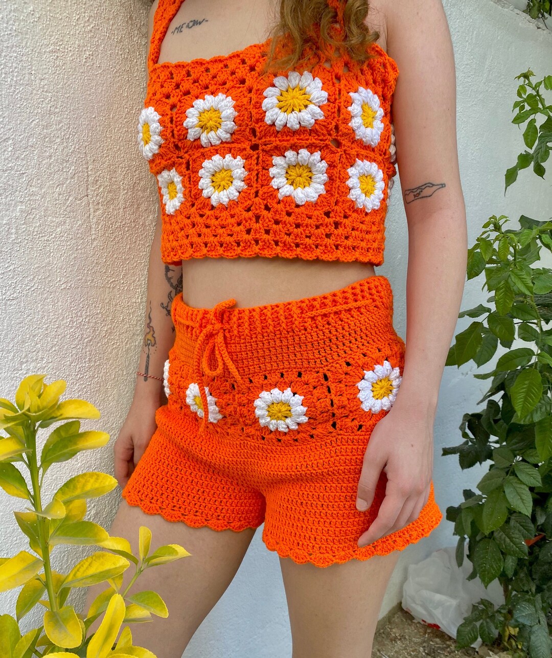 Crochet Daisy Clothing Set, Crochet Twopiece Crop Top and Shorts Set