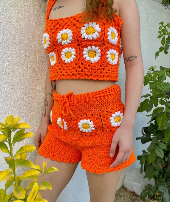 Crochet Daisy Clothing Set, Crochet Two-piece Crop Top and Shorts Set,  Granny Summer Top, Crochet Daisy Top, Crochet Granny Clothing Set 