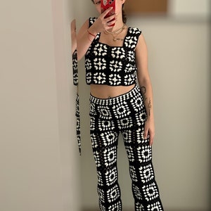 Gehäkelte Hose und Top Set, Schwarze Oma Quadratische Hose, Gehäkelte Hose, Gehäkelte Oma QuadratIsche Hose, Gehäkelte Oma Quadrat Sommer Set
