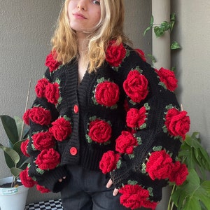 Crochet Jumbo Rose Cardigan, Black Granny Square Cardigan, Crochet Rose Chunky Cardigan, Red Rose Cardigan, Winter Cardigan image 9