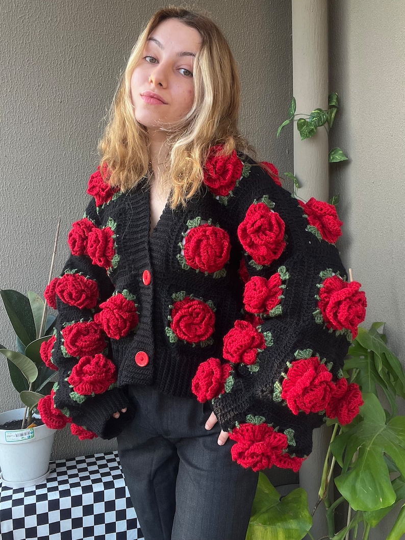 Crochet Jumbo Rose Cardigan, Black Granny Square Cardigan, Crochet Rose Chunky Cardigan, Red Rose Cardigan, Winter Cardigan image 9