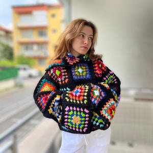 Crochet Turtleneck Sweater, Granny Square Sweater, Handmade Patchwork Sweater, Crochet Winter Sweater for Women, Oversize Sweater image 2