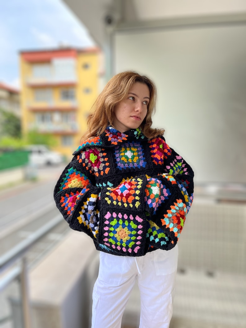 Crochet Turtleneck Sweater, Granny Square Sweater, Handmade Patchwork Sweater, Crochet Winter Sweater for Women, Oversize Sweater image 2