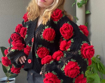 Crochet Jumbo Rose Cardigan, Black Granny Square Cardigan, Crochet Rose Chunky Cardigan, Red Rose Cardigan, Winter Cardigan