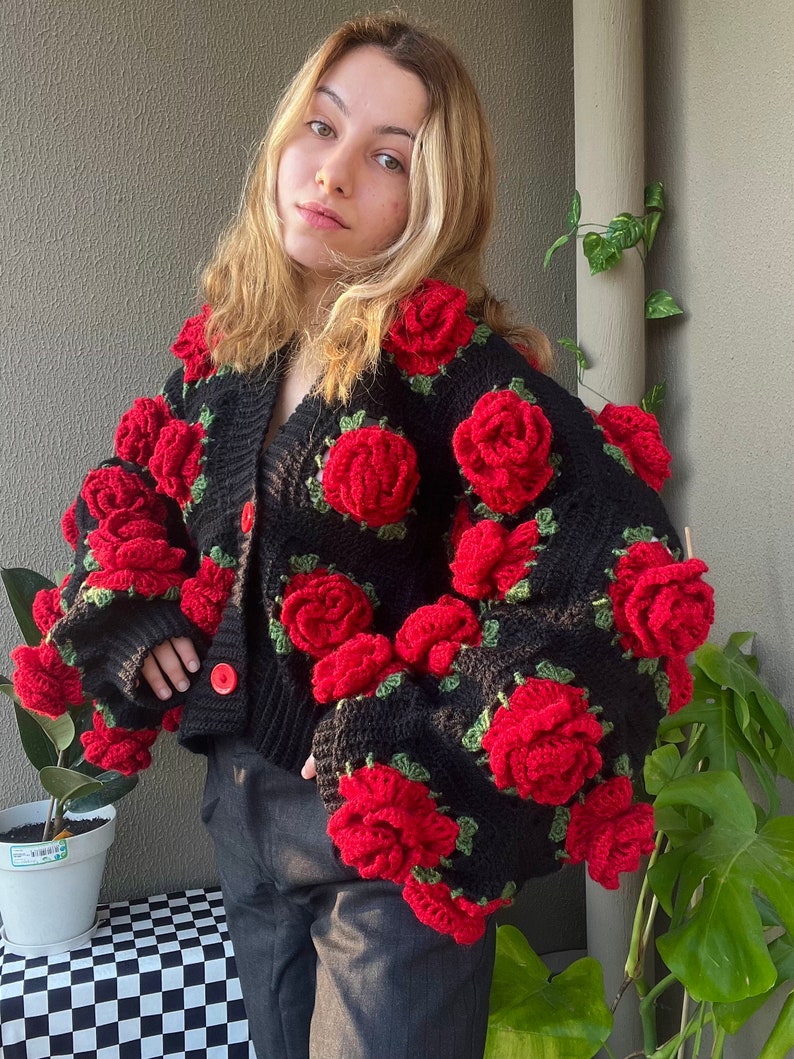 Crochet Jumbo Rose Cardigan, Black Granny Square Cardigan, Crochet Rose Chunky Cardigan, Red Rose Cardigan, Winter Cardigan image 1