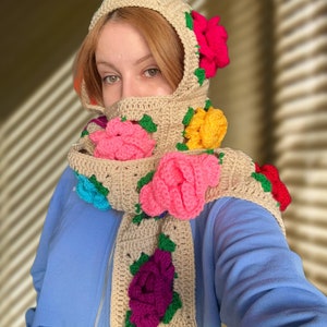 Crochet Balaclava Scarf, Alisdaknit Style Balaclava Scarf, Rose Balaclava, Handmade Floral Scarf, Winter Balaclava, Daisy Balaclava Scarf image 4