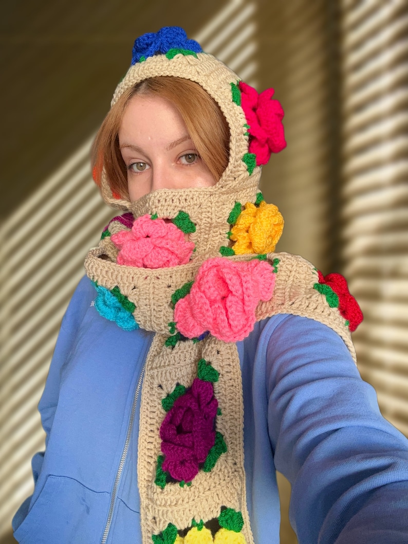 Crochet Balaclava Scarf, Alisdaknit Style Balaclava Scarf, Rose Balaclava, Handmade Floral Scarf, Winter Balaclava, Daisy Balaclava Scarf image 4