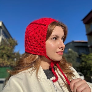 Hand-knitted Adult Bow Tie Bonnet, Handmade Red Bonnet, Unisex Bonnet, Winter Bonnet, Handmade Winter Warm Hat, Handmade Balaclava