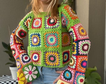 Crochet Pullover, Granny Square Sweater, Handmade Granny Square Pullover, Crochet Long Sleeve Top, Colorful Patchwork Sweater, Floral Top