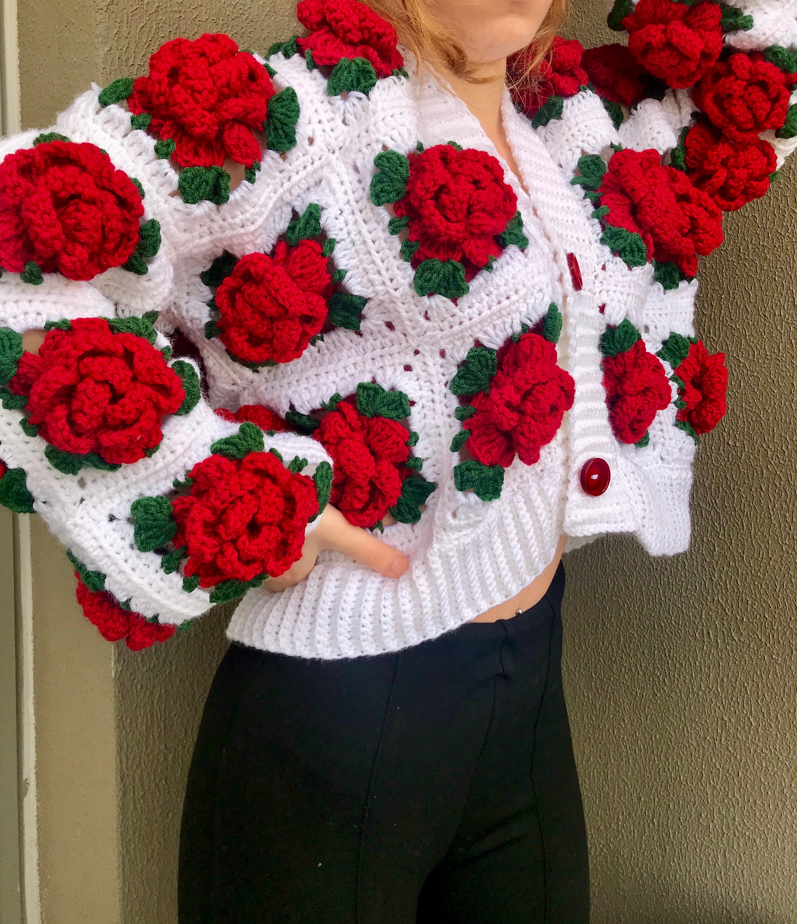 Vintage Granny Square Style With Jumbo Rose Cardigan