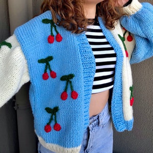 Handmade Cherry Cardigan, Chunky Cardigan, Handmade Cherry Sweater, Chunky Knitted Cardigan, Cherry Cardigan for Women,
