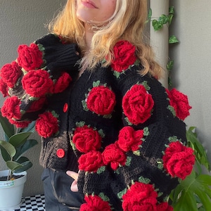 Crochet Jumbo Rose Cardigan, Black Granny Square Cardigan, Crochet Rose Chunky Cardigan, Red Rose Cardigan, Winter Cardigan image 5