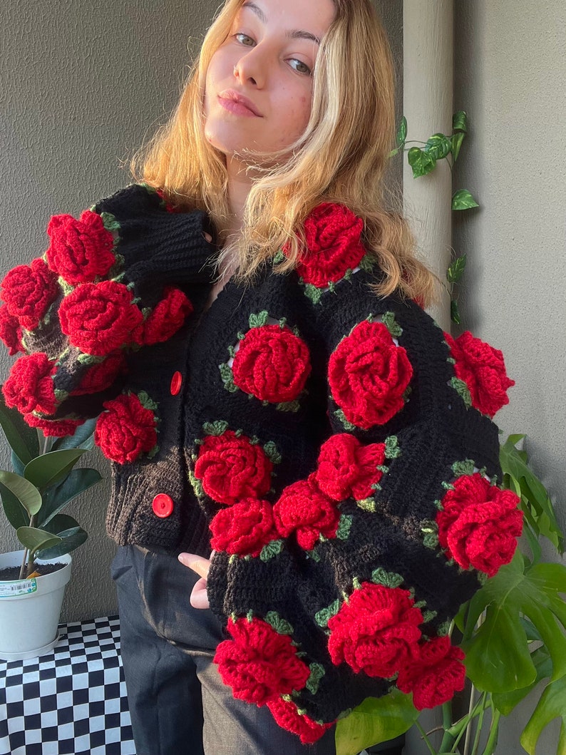 Crochet Jumbo Rose Cardigan, Black Granny Square Cardigan, Crochet Rose Chunky Cardigan, Red Rose Cardigan, Winter Cardigan image 5