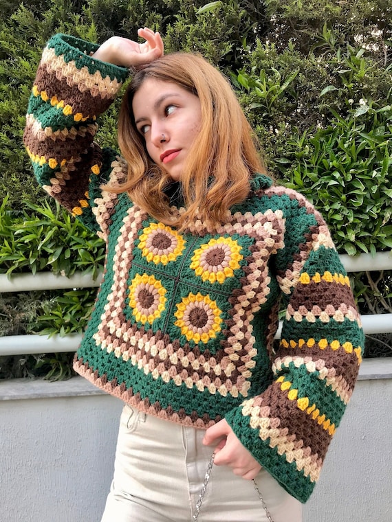 Handmade Multicolored Crochet Sweater With Sunflower Print and