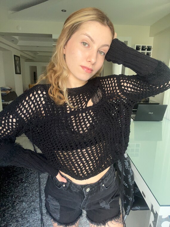 black crochet long sleeve top