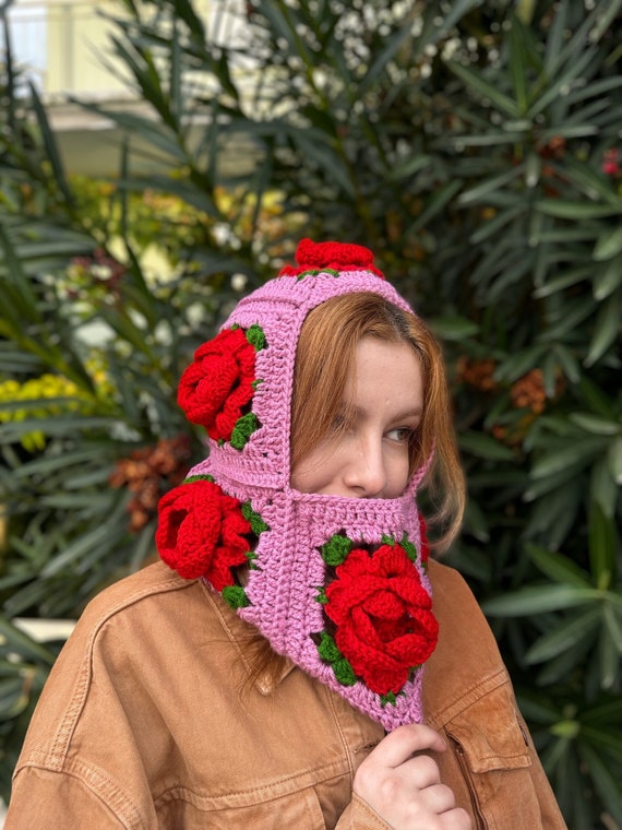 Pasamontañas rosa de ganchillo, pasamontañas rosa rosa estilo Alisdaknit,  pasamontañas unisex, pasamontañas de punto a mano, pasamontañas cuadradas  de la abuela, sombrero floral -  México