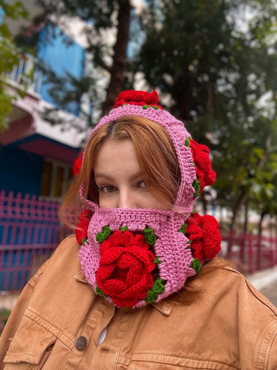 Pasamontañas rosa de ganchillo, pasamontañas rosa rosa estilo Alisdaknit,  pasamontañas unisex, pasamontañas de punto a mano, pasamontañas cuadradas  de la abuela, sombrero floral -  México