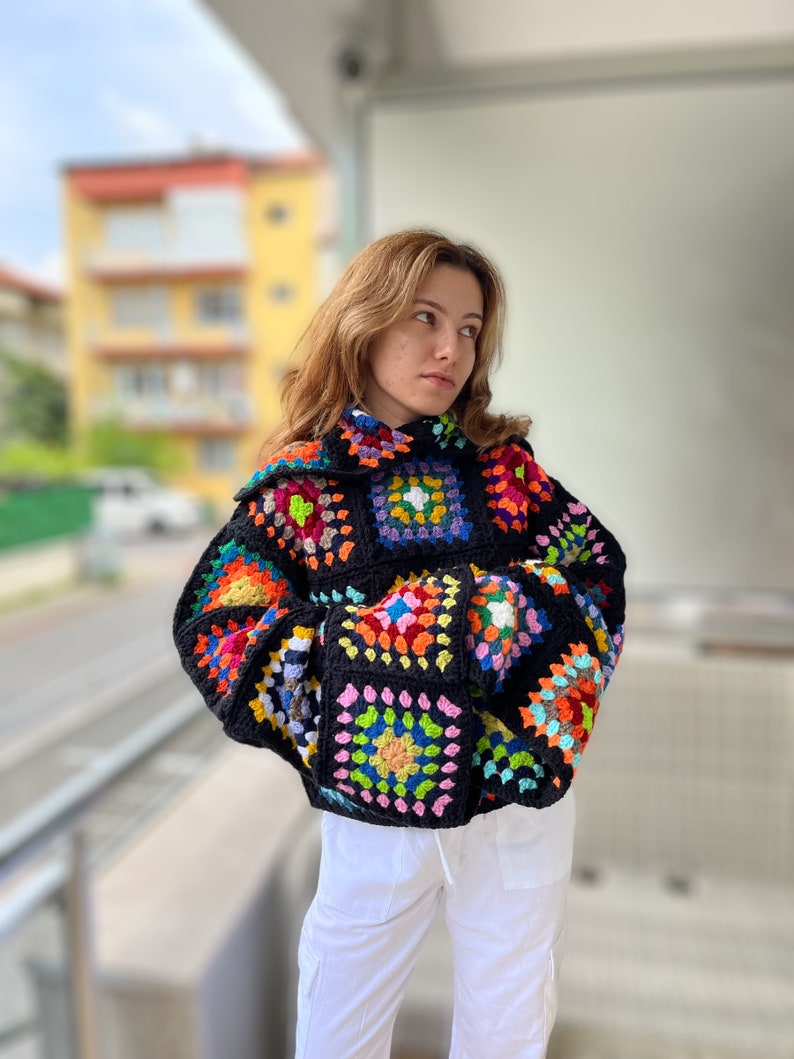 Crochet Turtleneck Sweater, Granny Square Sweater, Handmade Patchwork Sweater, Crochet Winter Sweater for Women, Oversize Sweater image 6